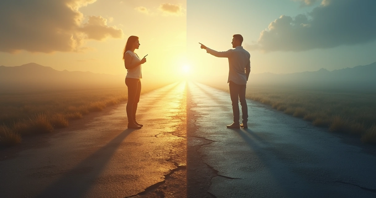 Two people facing each other separated by a light and dark path crossroads 