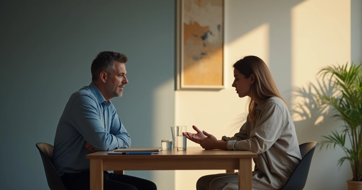 Two people talking calmly across a table with light and shadow dividing the scene 