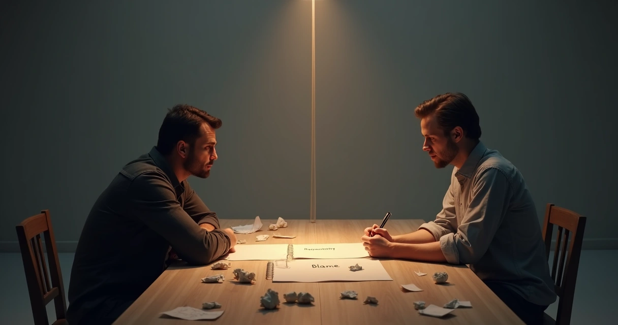 Two people in calm dialogue separated by a faint line between blame and responsibility 