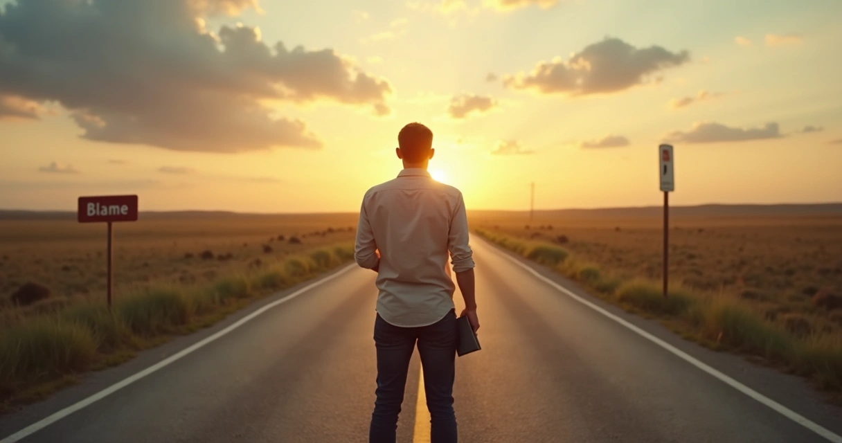 Person standing at a forked road choosing between responsibility and blame 