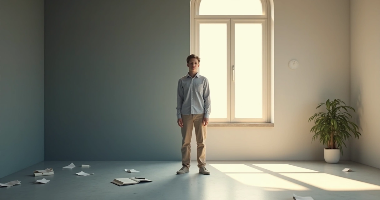 Person standing between light and shadow choosing responsibility over guilt 