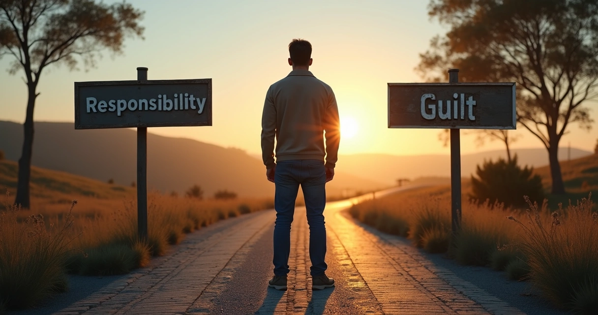 Man facing two paths labeled responsibility and guilt at a crossroads 