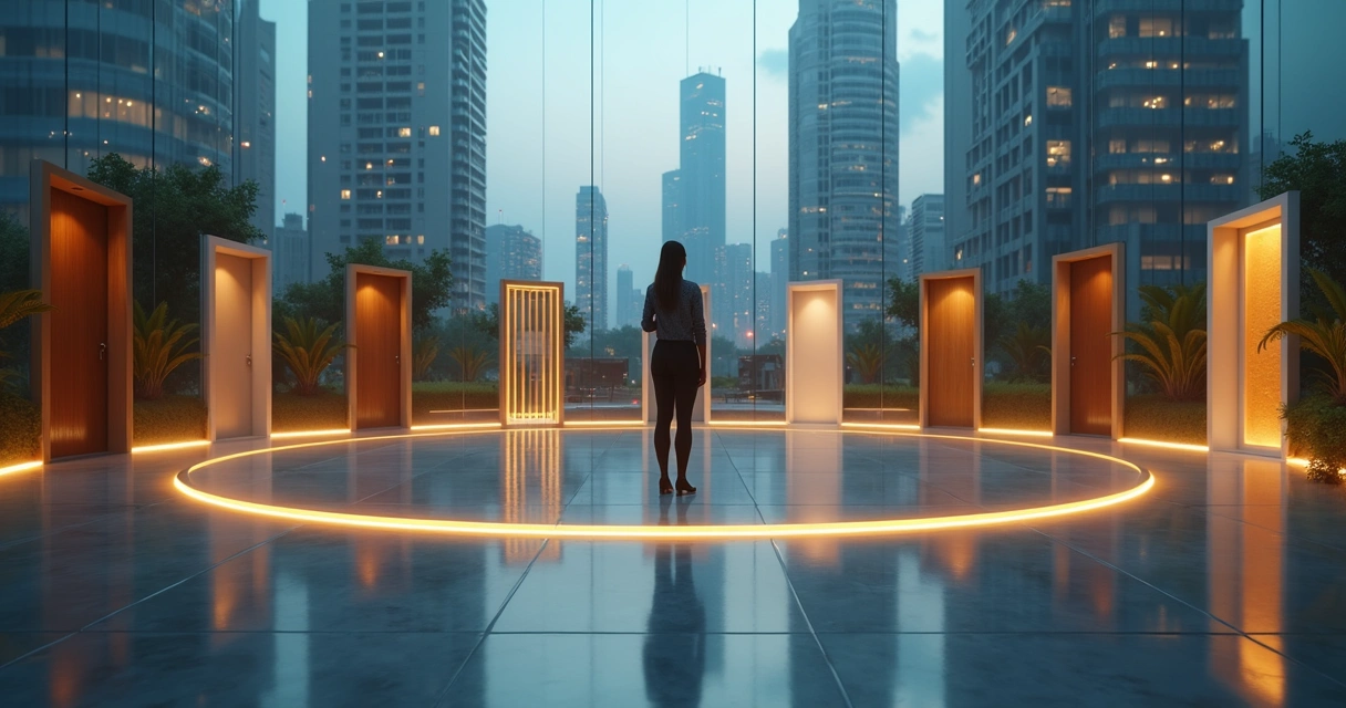 Person standing in circular glass room surrounded by twelve luminous doorways 