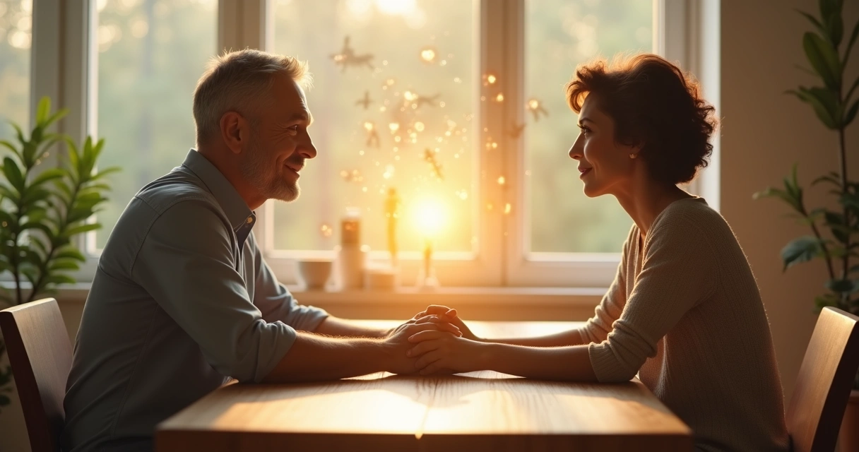 Two people facing each other with light connecting their hearts and minds 