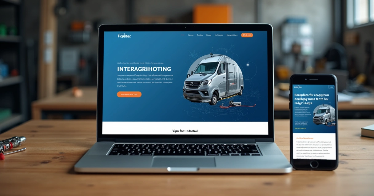 Tela de site industrial adaptado em laptop e smartphone na mesa