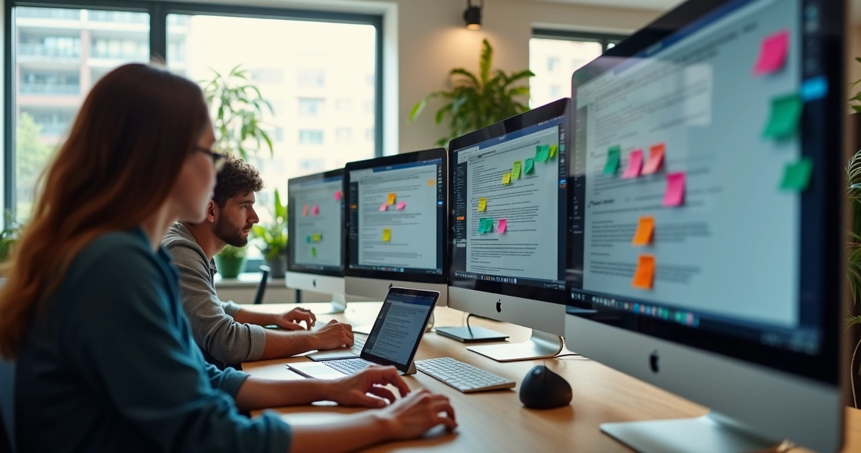 Web development team reviewing responsive design screens