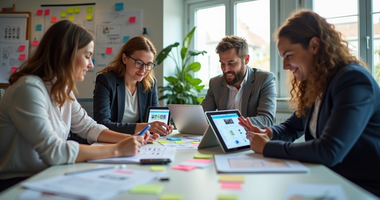 Equipe analisando versão móvel e desktop de um site de dropshipping