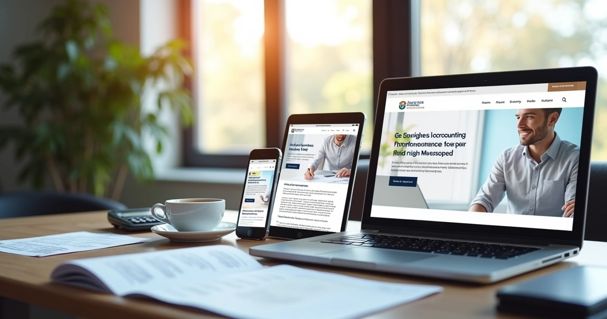 Site aberto em smartphone mostrando design limpo e moderno