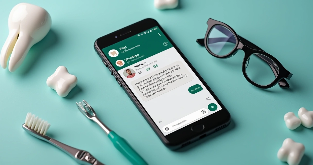 Tela de smartphone mostrando resposta automática no WhatsApp de clínica odontológica 