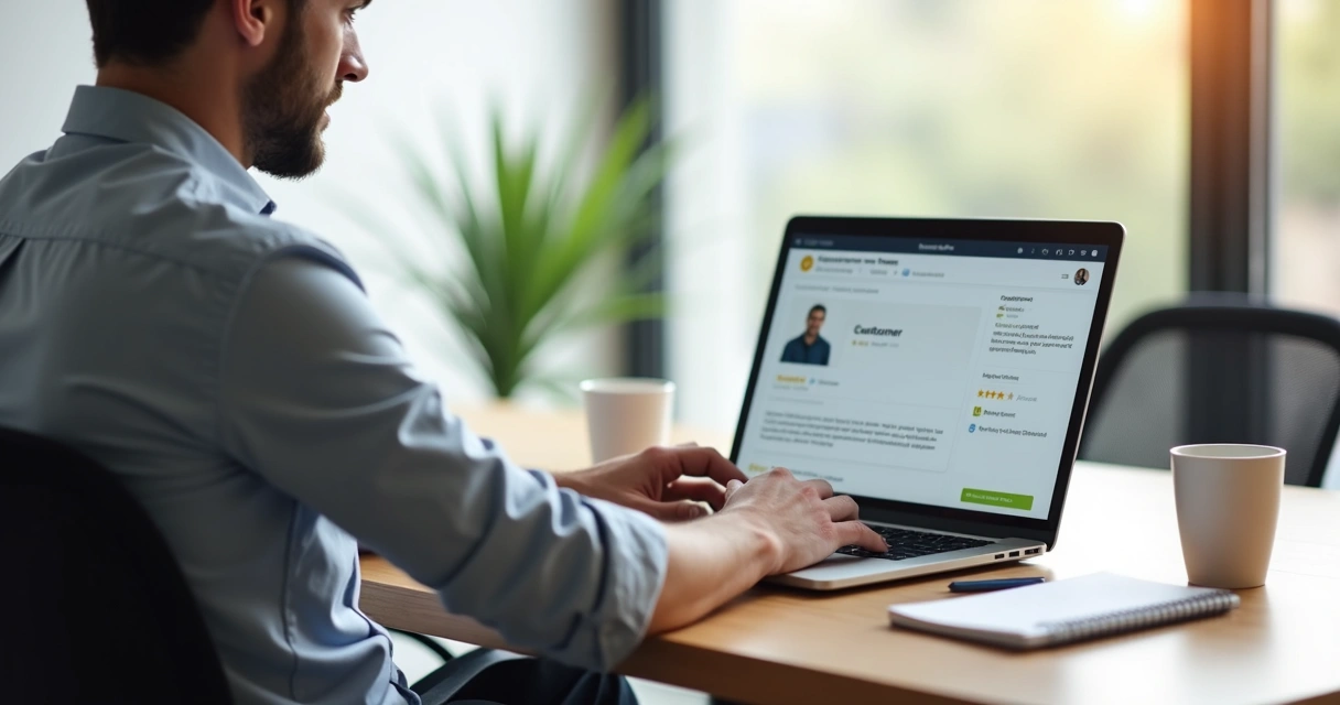 Gestor respondendo avaliação online pelo notebook 