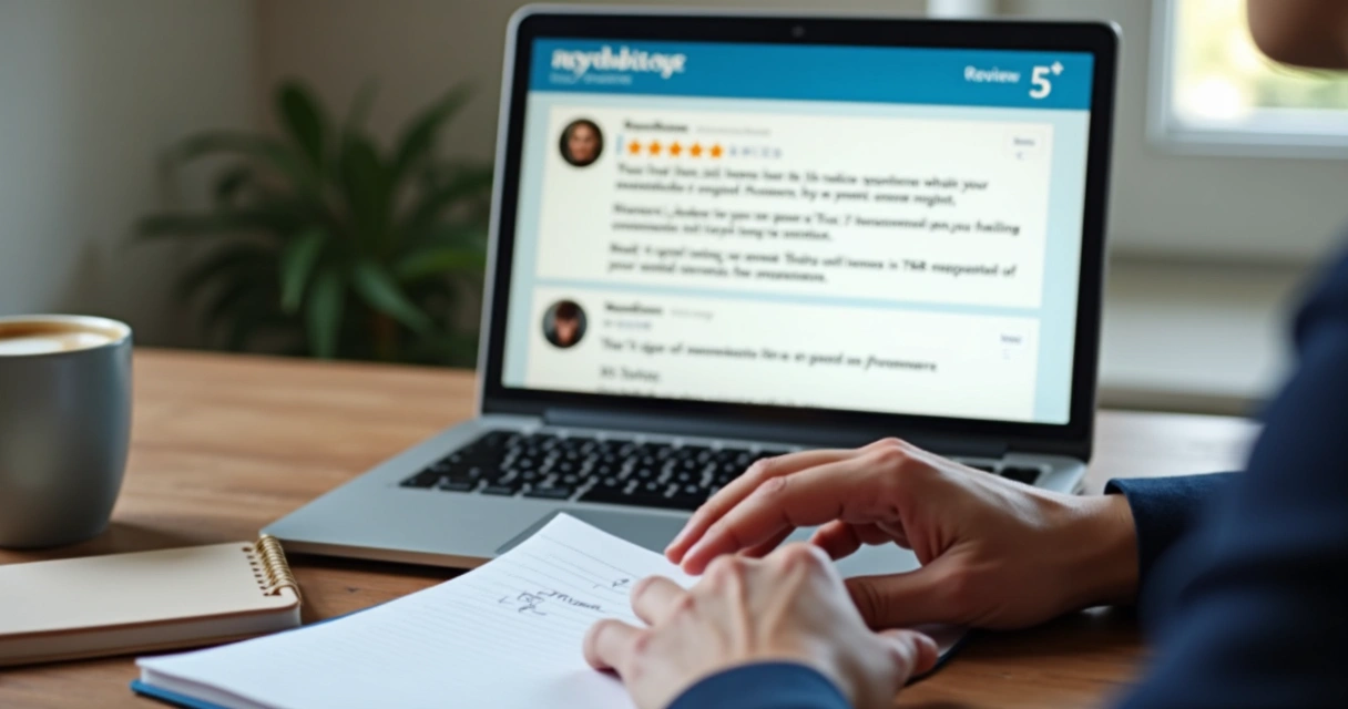 Pessoa digitando resposta profissional para avaliação negativa em tela de computador de marketplace 