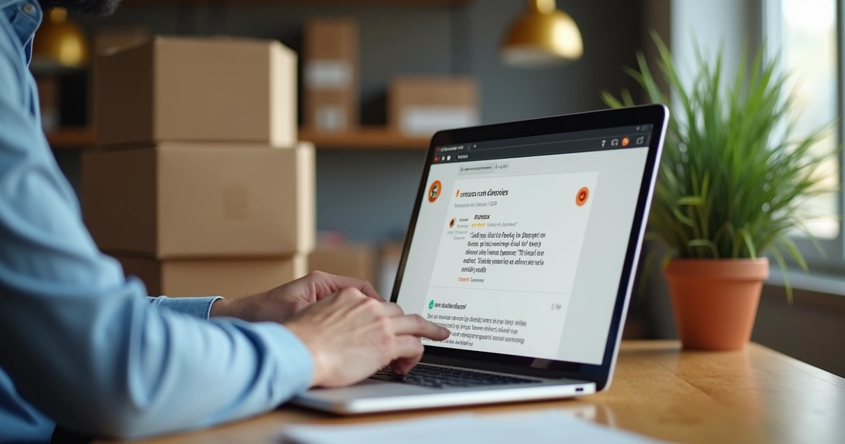 Gestor de supermercado online respondendo avaliação em notebook