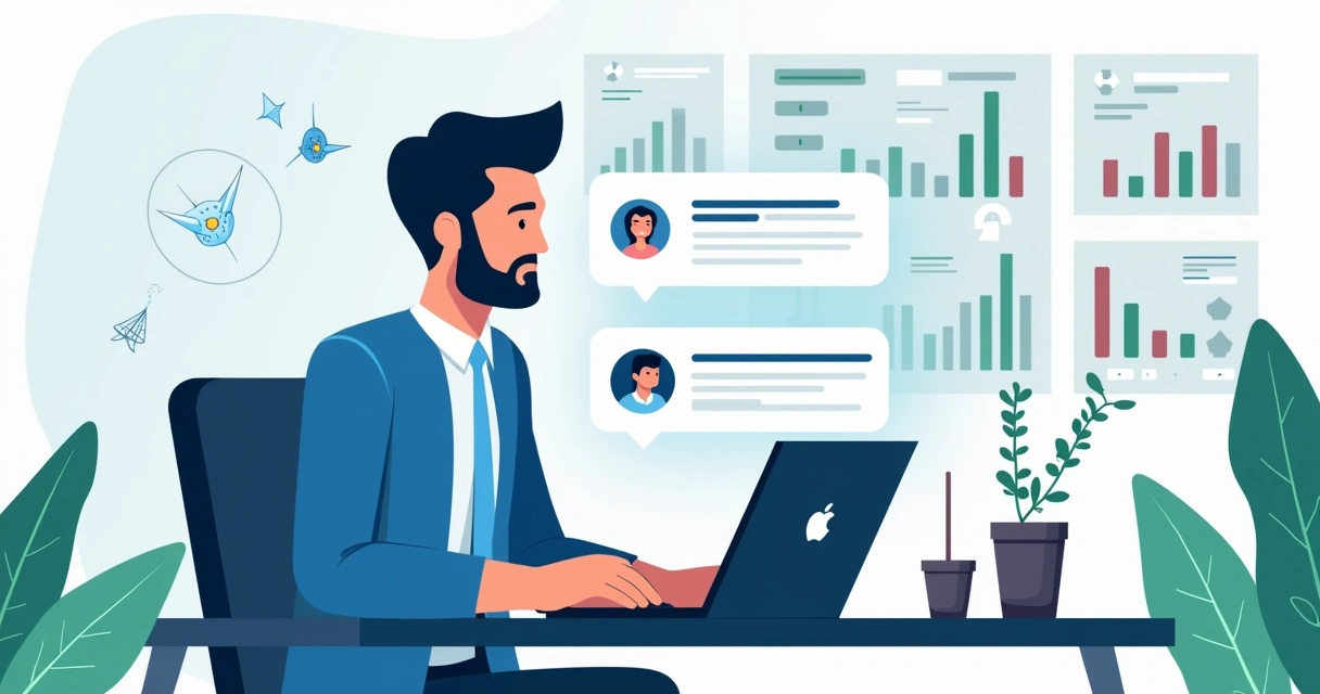 Pessoa respondendo feedback negativo em um computador com gráficos de NPS ao fundo 