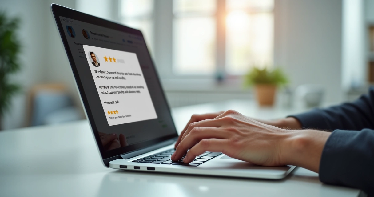 Profissional digitando resposta educada em avaliação online 