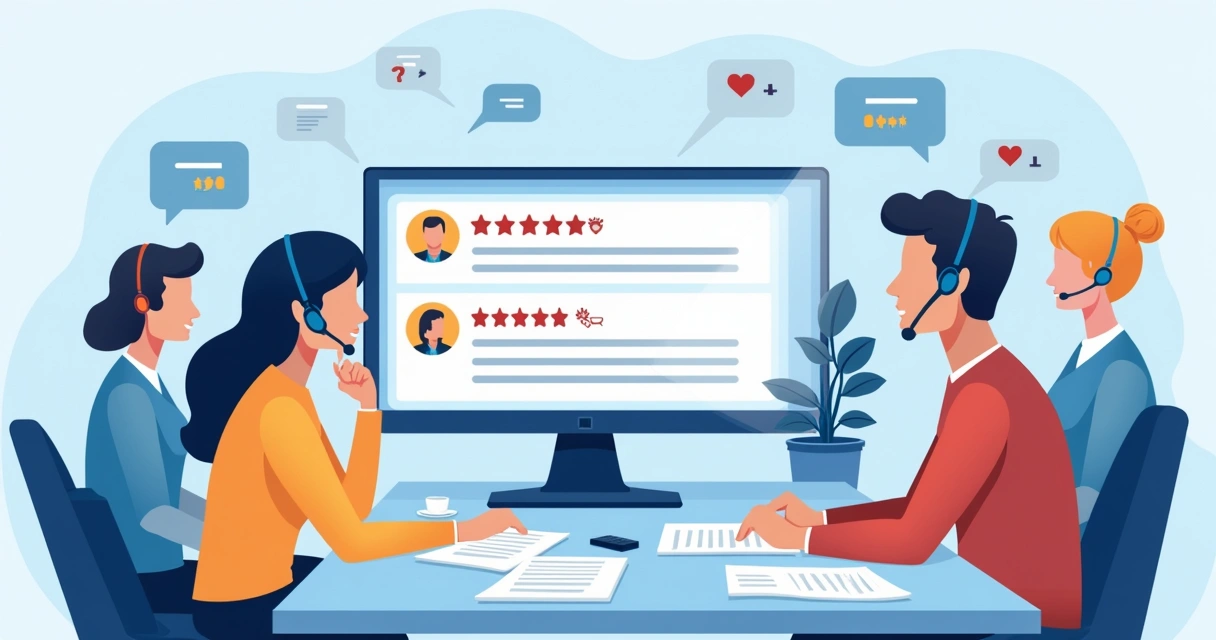 Time de atendimento analisando avaliação crítica em tela com resposta empática sendo digitada 
