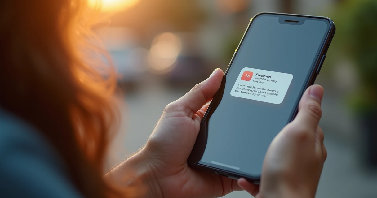 Pessoa recebendo resposta no smartphone após enviar um feedback.