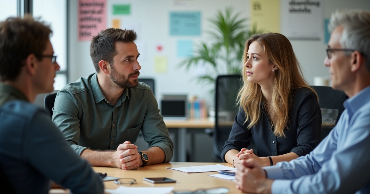 Pessoa conversando calmamente com outra enquanto colegas ouvem no escritório
