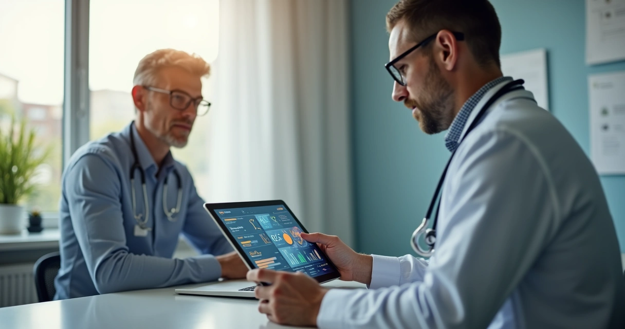 Médico consultando inteligência artificial em dispositivo enquanto fala com paciente em consultório 
