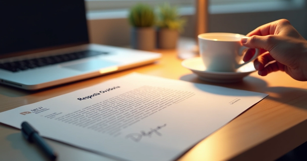 Documento de resposta de ouvidoria sobre mesa de escritório 