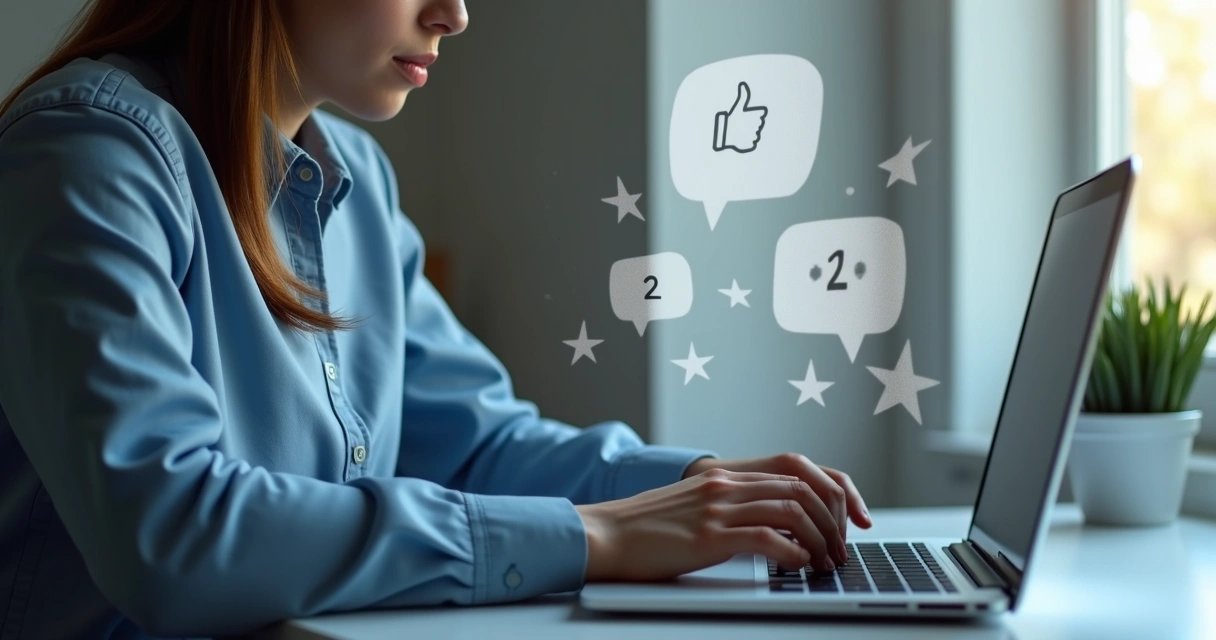 Pessoa respondendo profissionalmente comentários negativos em dispositivo digital, com ícones de avaliações e estrelas ao fundo 