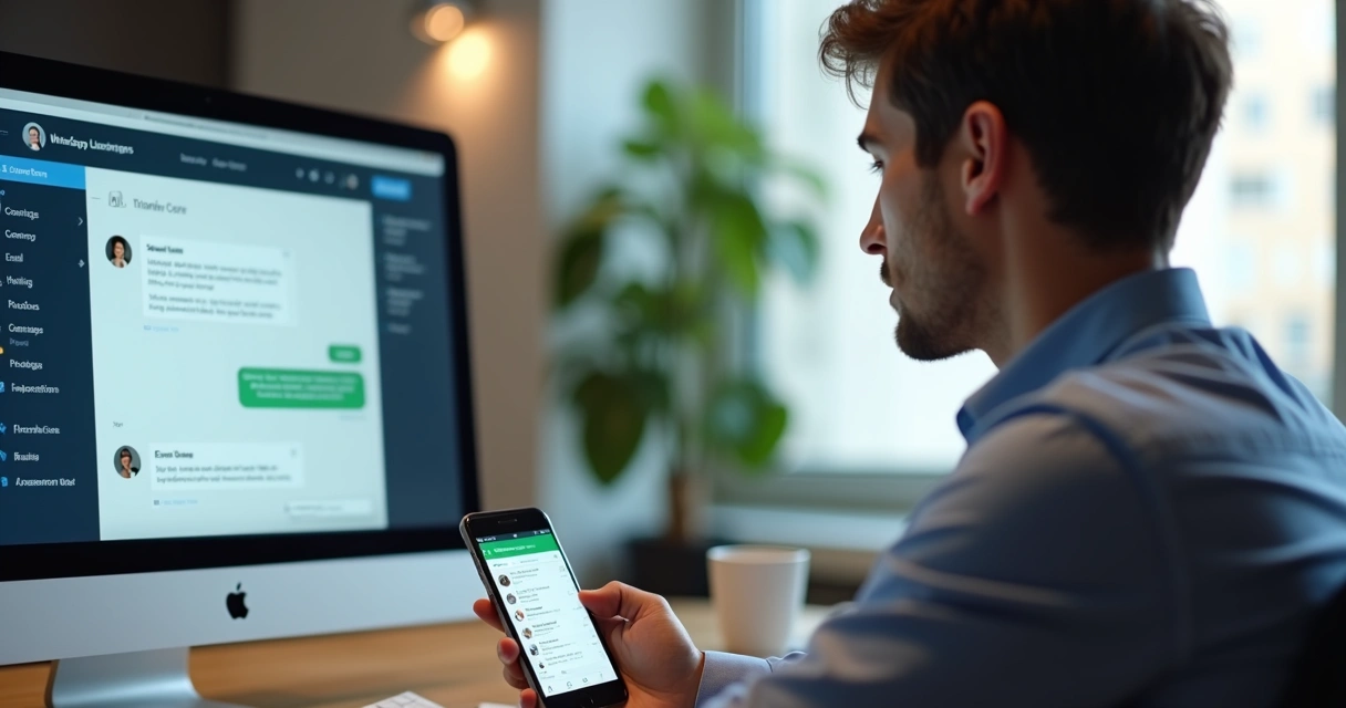 Homem usando smartphone para enviar mensagem rápida em site profissional