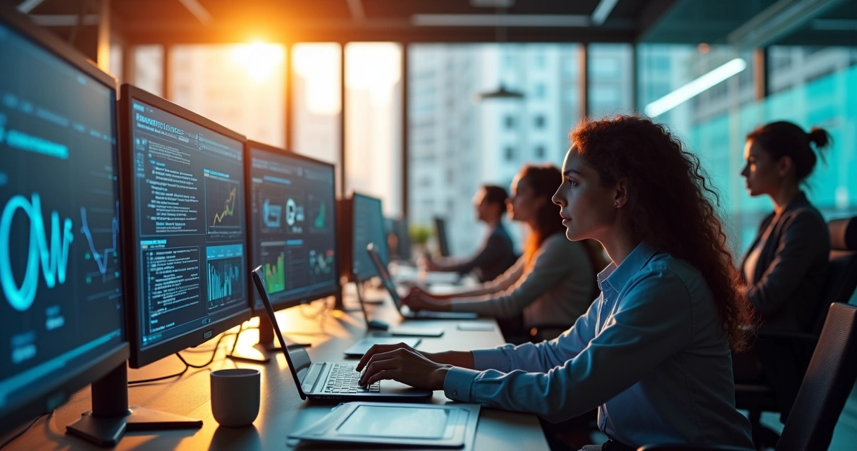 Equipe analisando dados em múltiplas telas digitais para respostas rápidas a fiscalizações 