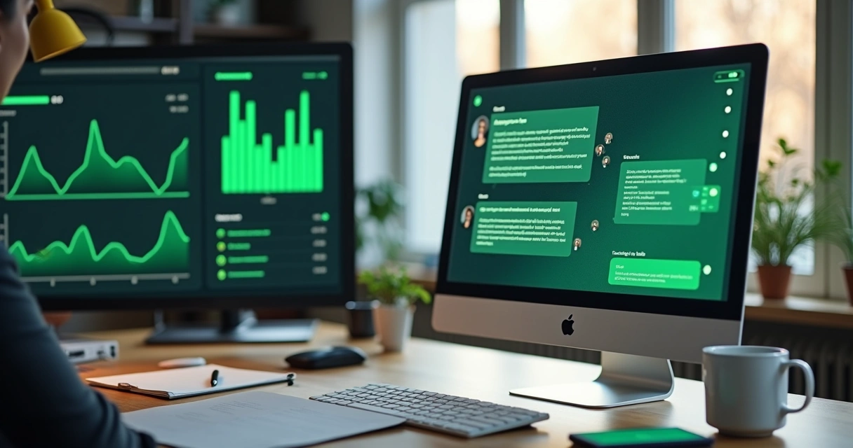 Representação de troca de mensagens rápidas no WhatsApp em um monitor com gráficos 
