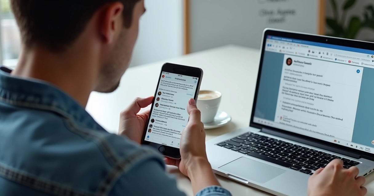 Pessoa analisando respostas em redes sociais com celular e notebook abertos lado a lado, tela exibindo comentários 