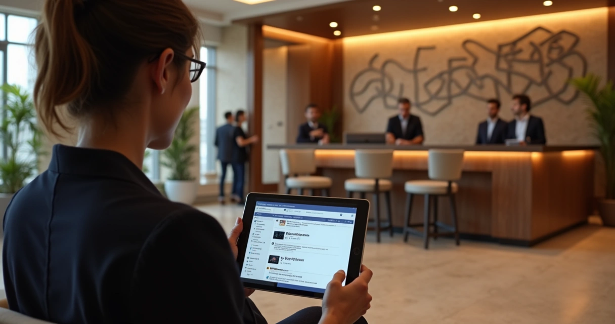 Recepcionista assistindo a um review em vídeo de hotel em tablet 