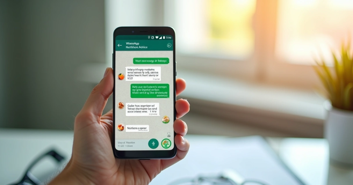 Mão segurando celular com mensagens de atendimento nutricional. 