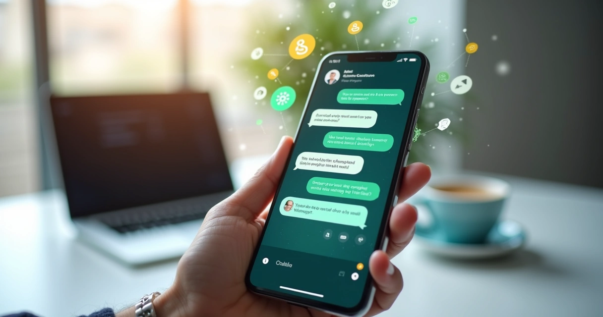 Tela de smartphone exibindo conversa de WhatsApp com mensagens automáticas configuradas e ícones de inteligência artificial ao redor 