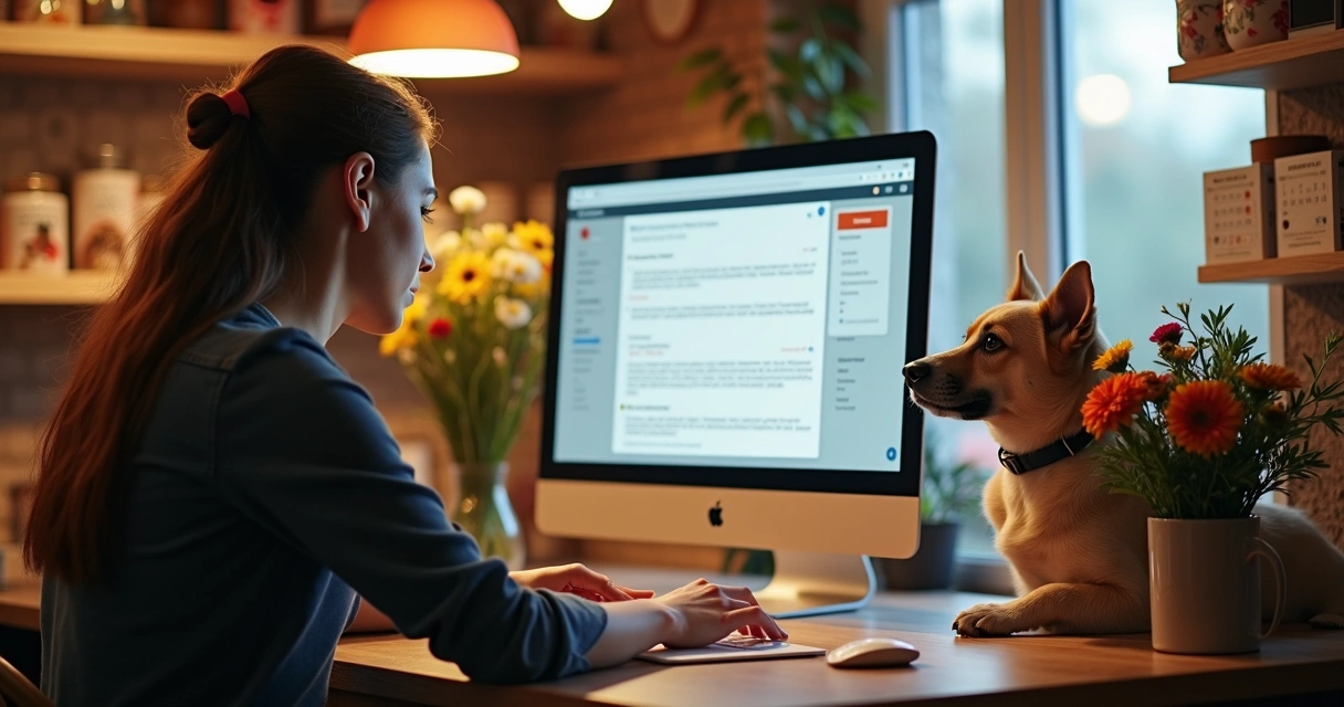 Gestora de petshop digitando resposta em computador, tela exibe avaliações. 