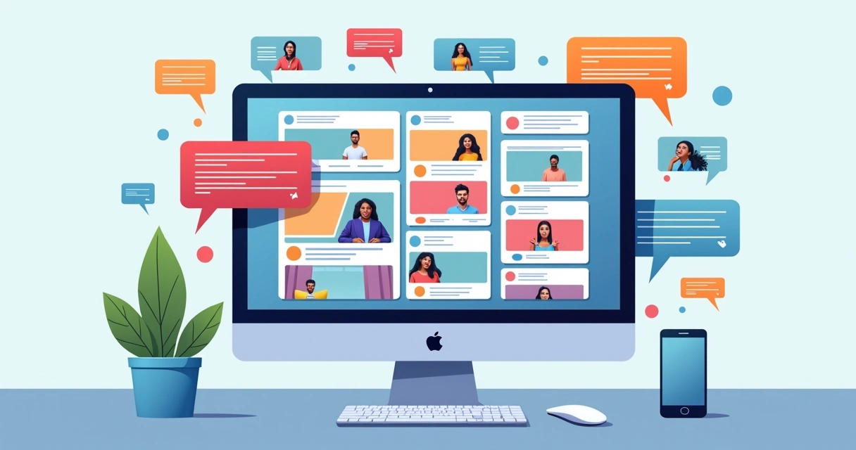 Feed digital mostrando comentários variados, coloridos, e diferentes avatares 