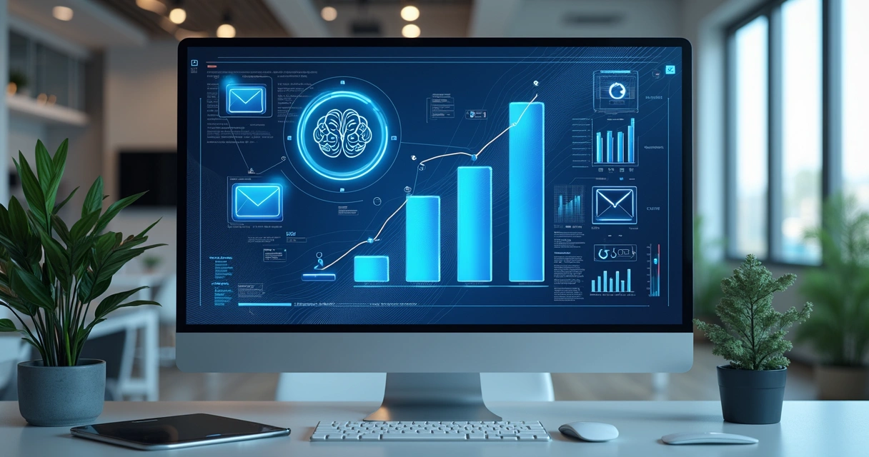 Página de site contábil moderna com recursos de IA e gráficos digitais