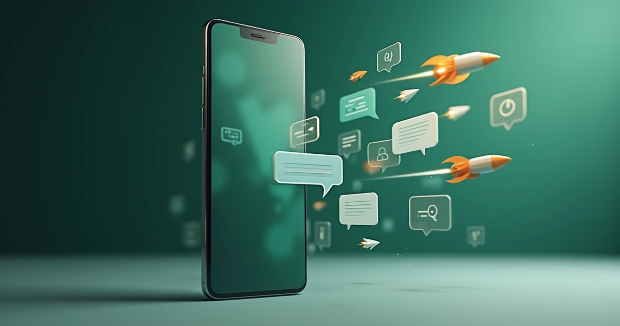 Ícones de mensagens em formato de foguete saindo de tela com grupo de WhatsApp 