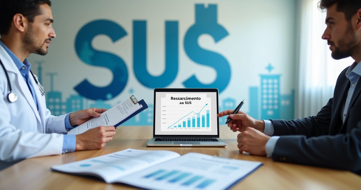 Mesa com médico, representante de plano de saúde e símbolo do SUS discutindo ressarcimento 