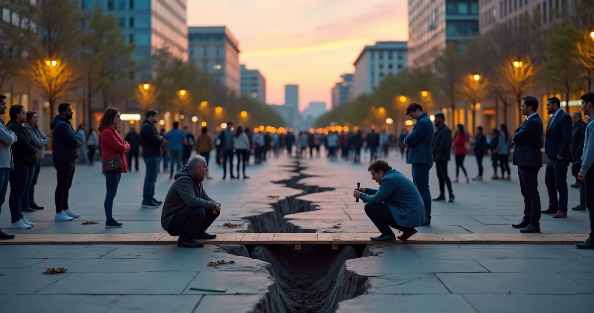 Grupo dividido por rachadura no chão prestes a construir ponte 