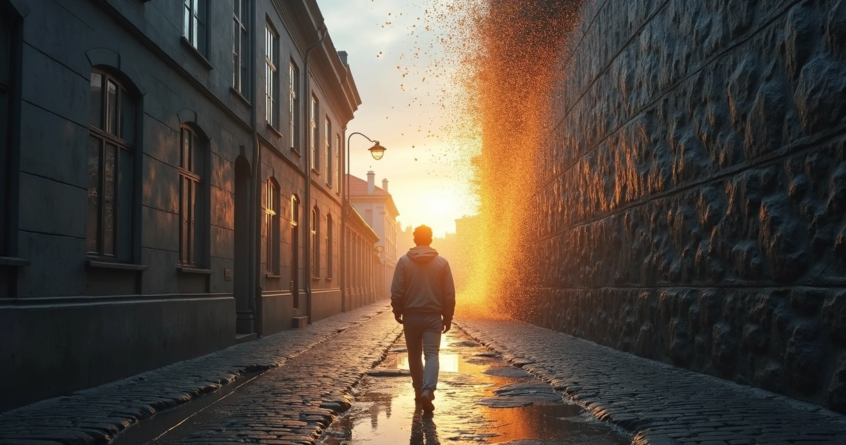 Pessoa caminhando diante de muro quebrando e se transformando em luz 