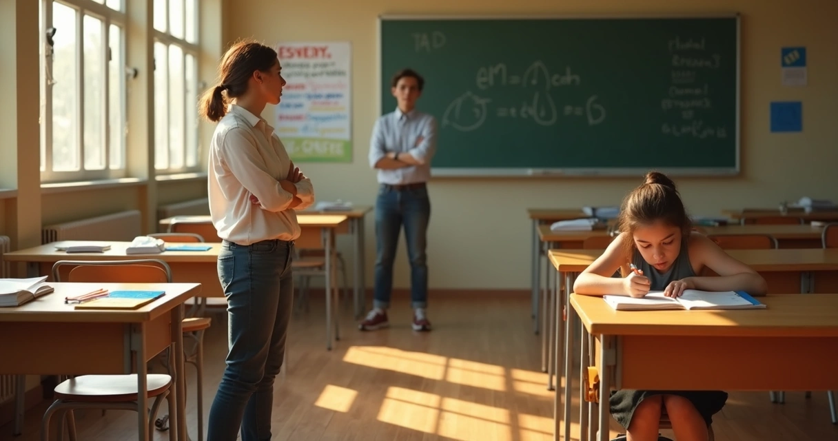 Professora e aluno distantes em sala de aula colorida com clima tenso sutil 