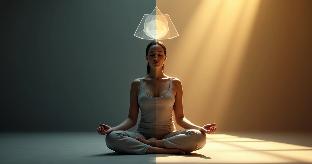 Pessoa com olhos fechados entre sombras e luz em transição, simbolizando ressignificação da dor em consciência 