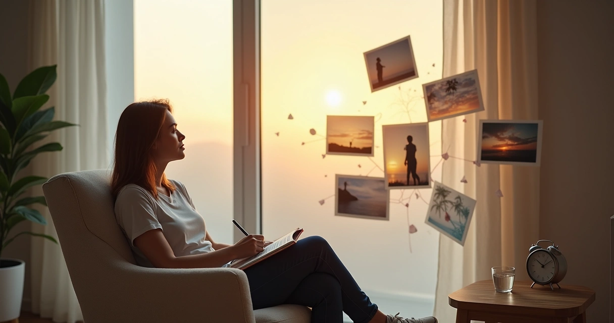 Pessoa observando lembranças difíceis se transformando em imagens mais leves e organizadas 