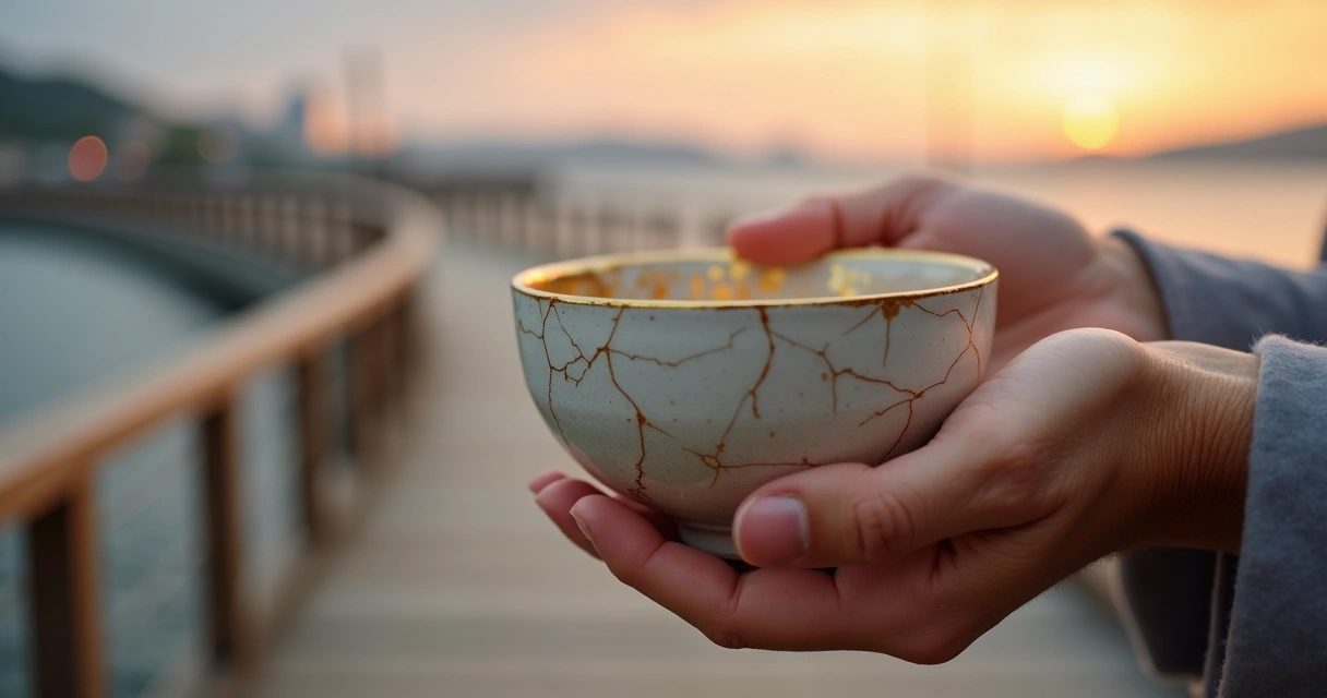 Mãos segurando tigela restaurada com técnica kintsugi sobre ponte suave ao fundo 