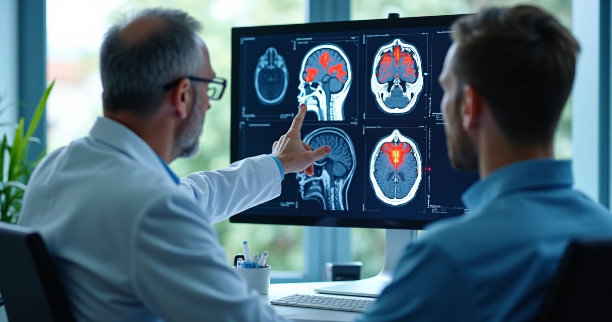 Ressonância magnética cerebral mostrando o crânio em imagem colorida 