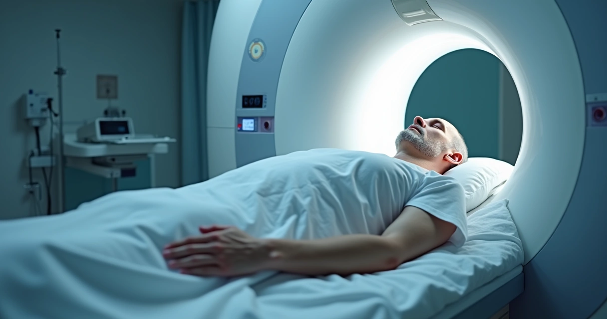 Paciente em máquina de ressonância magnética cerebral, vista lateral, com detalhes do aparelho 