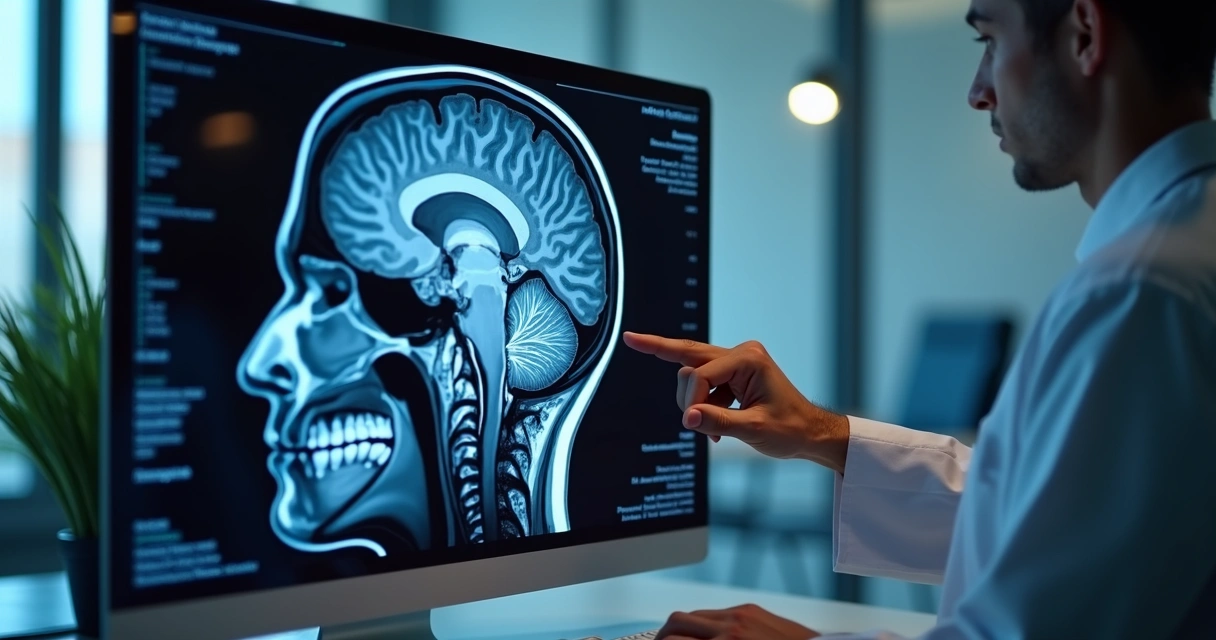 Imagem de ressonância magnética cerebral mostrando áreas afetadas.