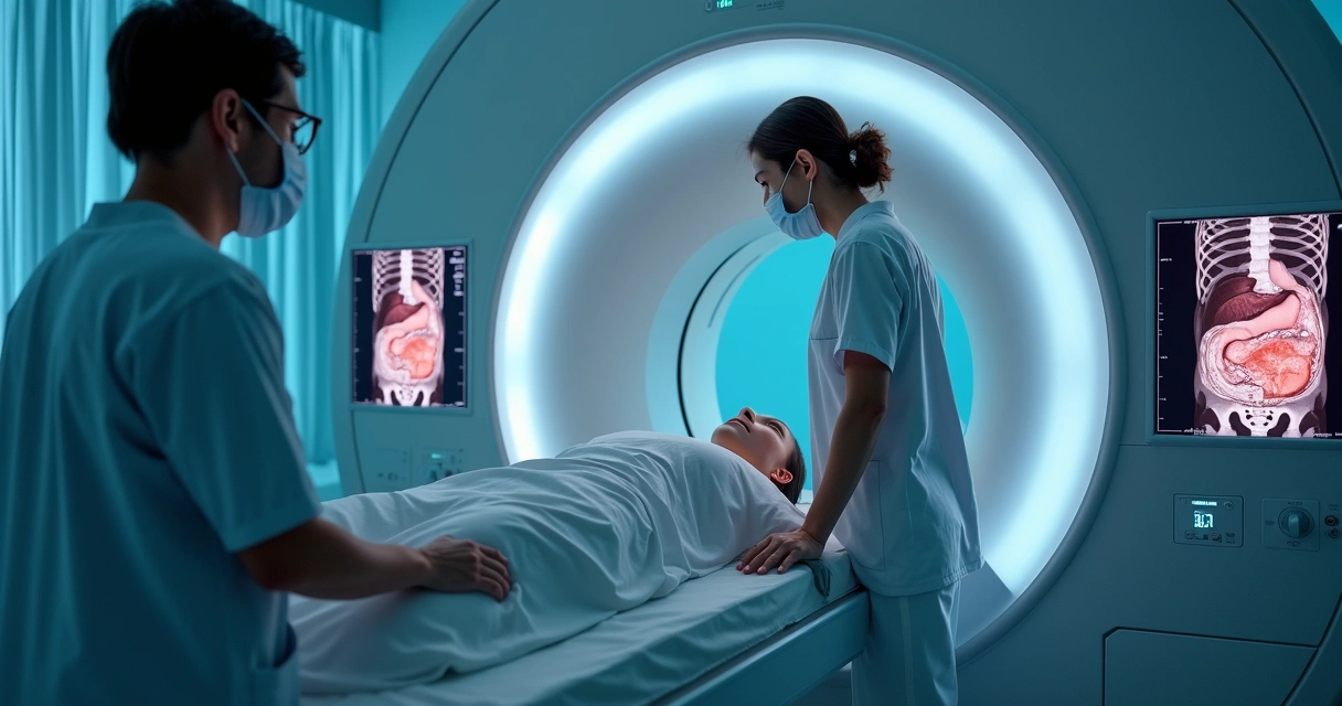 Paciente deitado entrando em aparelho de ressonância magnética do abdome 