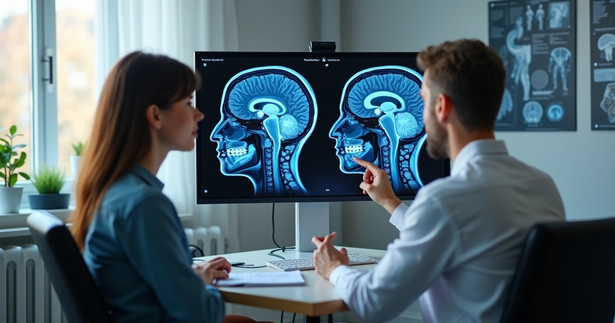 Ressonância magnética cerebral sendo analisada em consultório 