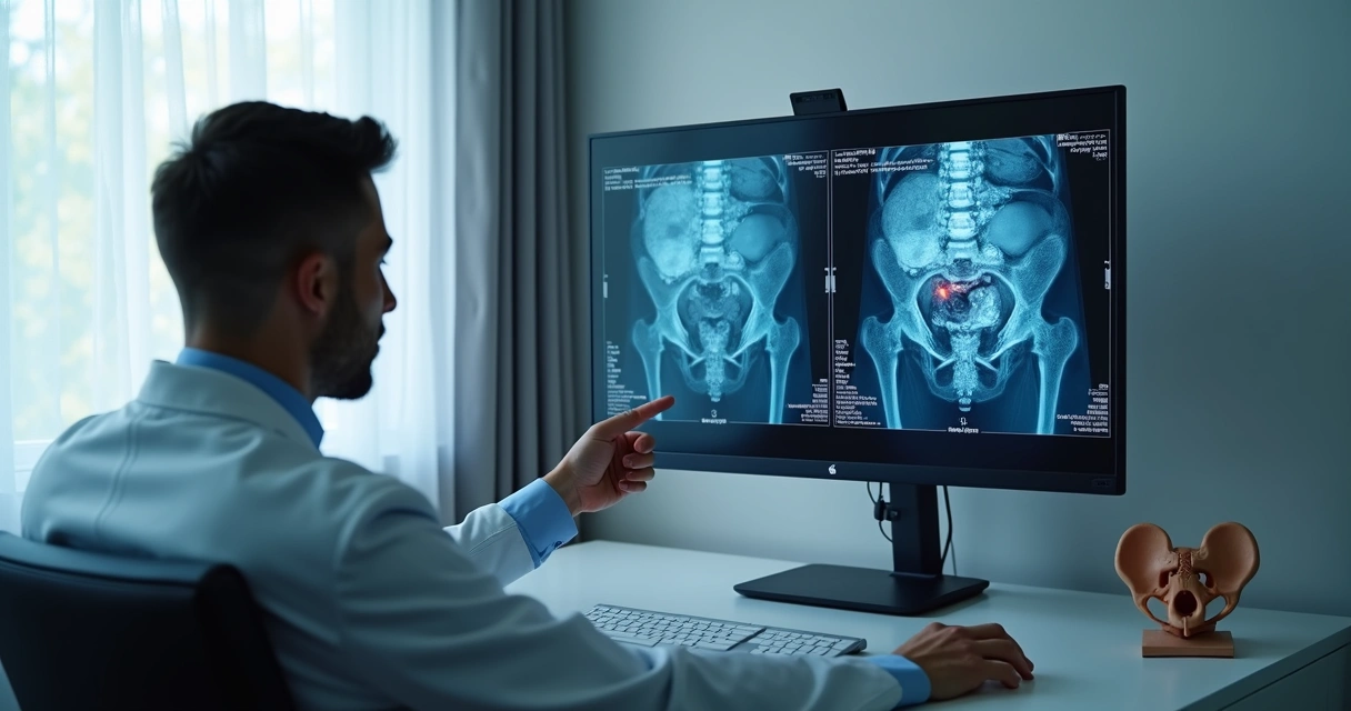 Médico analisando ressonância da próstata em tela digital 