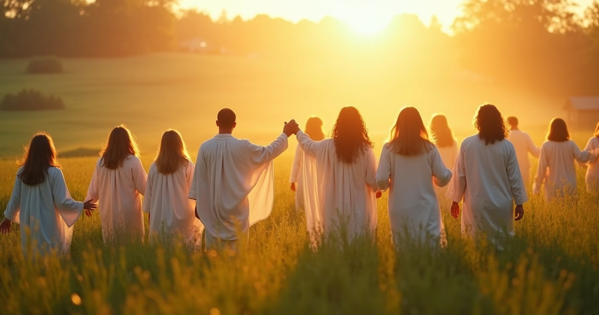 Pessoas ressurgindo em um campo iluminado ao amanhecer, expressão de esperança 
