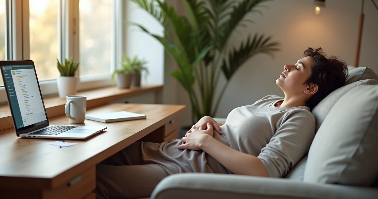 Person resting on a sofa beside a desk with laptop and unfinished work 